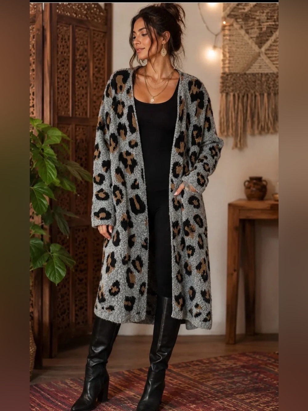 Fortune + Ivy Karrie Leopard Print Long Cardigan Duster Size M